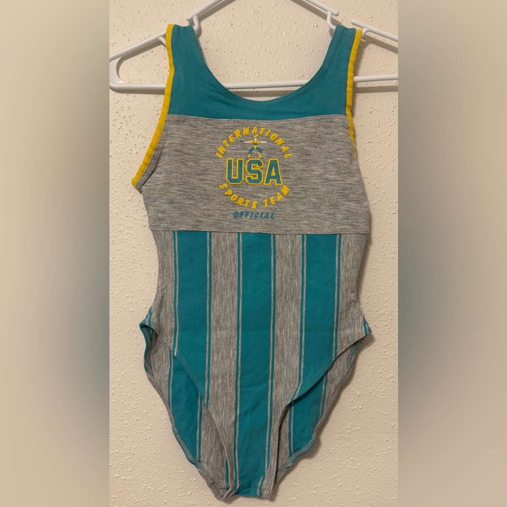 Vintage 1990s Danskin Turquoise and Gray Striped Leotard with Tags